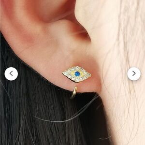 Huggie Earrings - Blue evil eye and gold half hoops
